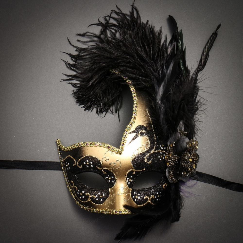 Venetian Half Moon Masquerade Feather Mask - Gold